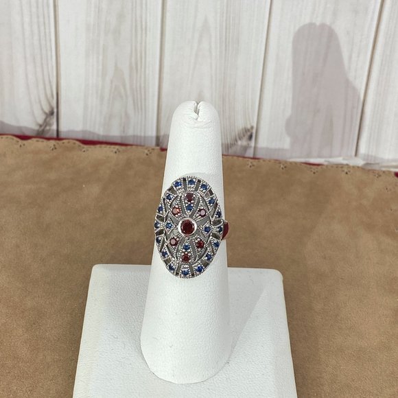 Stunning Art Nouveau Garnet and Blue Sapphire Cocktail Ring Size 7 - Picture 4 of 7